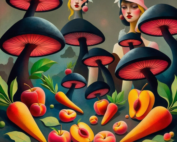 Women with Floral Accessories and Surreal Mushrooms