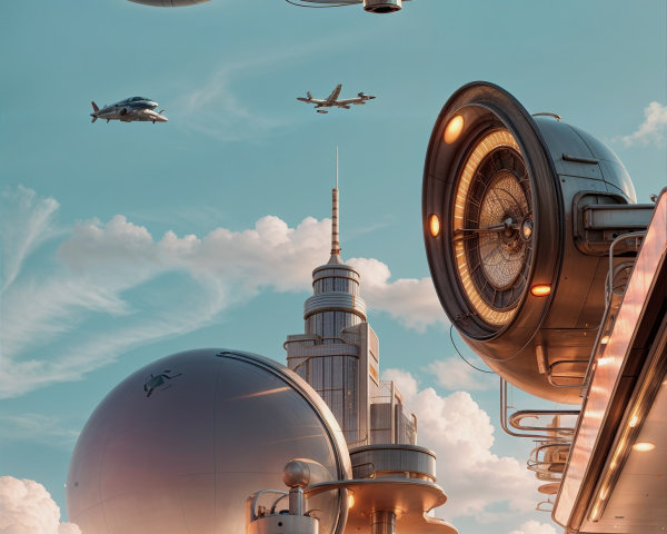 Futuristic cityscape with art deco structure and aircraft