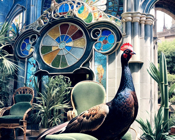 Majestic Peacock on Wicker Chair in Vibrant Setting