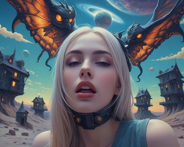 Surreal Scene with Young Woman and Dark Moths