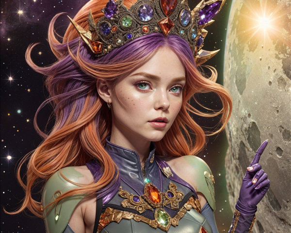 Regal figure with colorful crown in cosmic setting