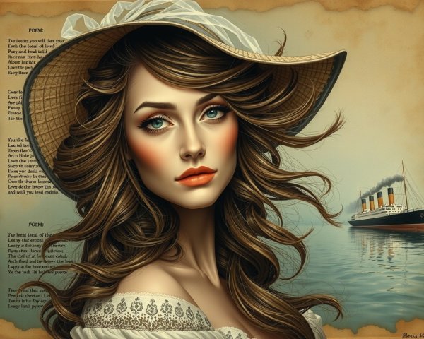 Elegant Woman with Hat and Vintage Ship Background