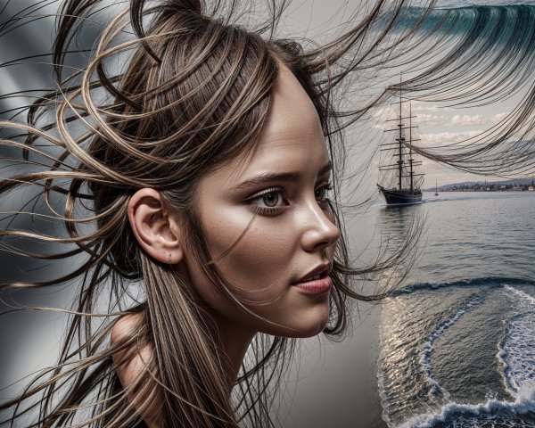 Portrait of Woman with Hair Merging into Ocean Waves