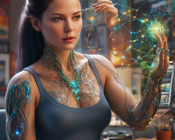 Futuristic Woman with Bioluminescent Circuitry and Art