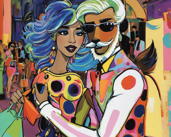 Stylish Couple in Vibrant Urban Fashion Scene