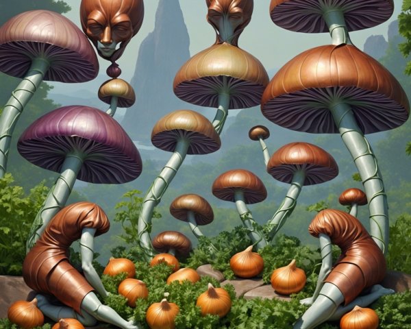 Surreal Landscape with Oversized Mushrooms and Figures