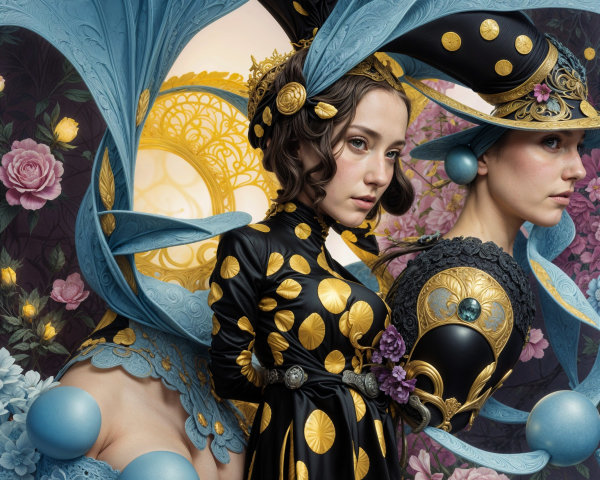 Elegant Women in Black and Gold Attire with Floral Elements