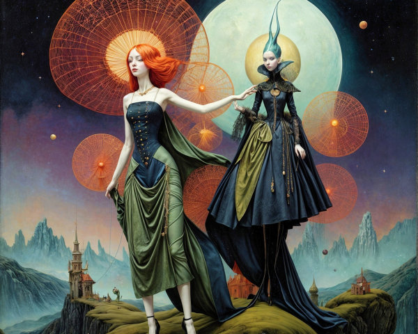 Elegantly Dressed Figures in Surreal Landscape