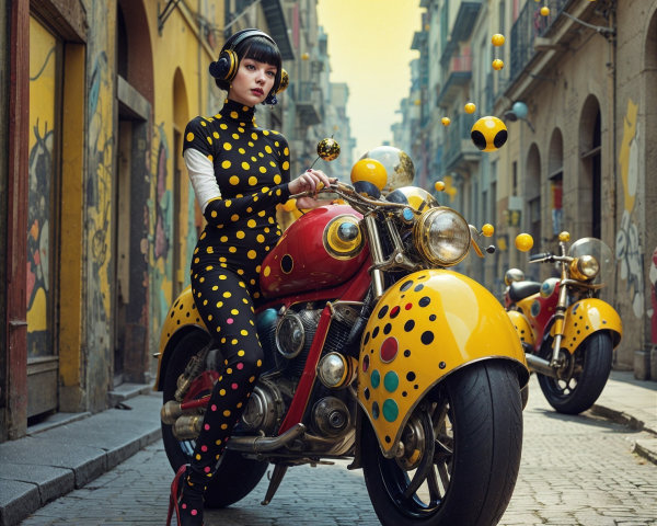 Stylish Figure on Vibrant Motorcycle in Urban Setting