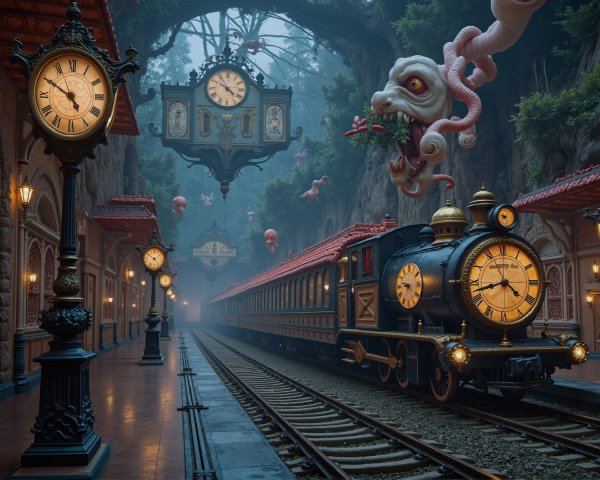 Whimsical Train Station with Mist and Vintage Clocks