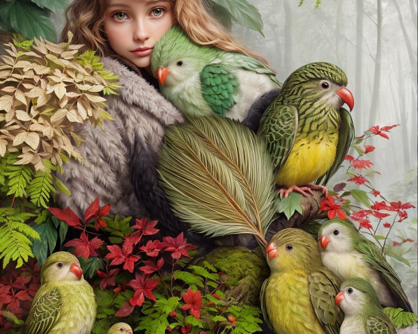 Young girl in a forest with vibrant birds and foliage