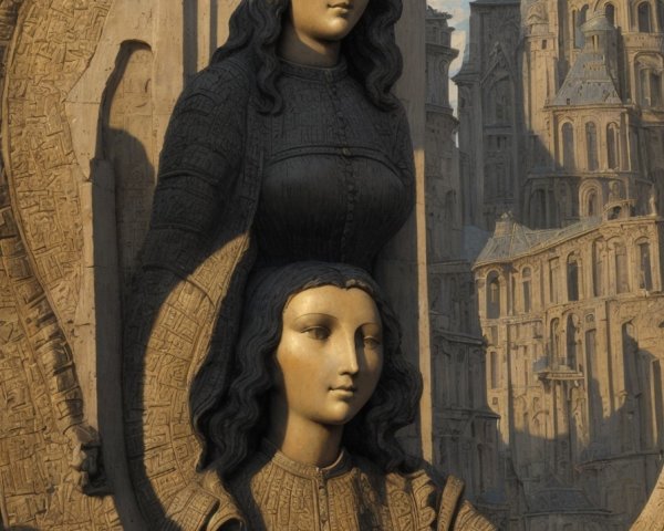 Sculpted Figures of Women with Grand Architectural Scene