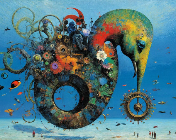 Surreal Artwork of an Elephant with Fish and Gears