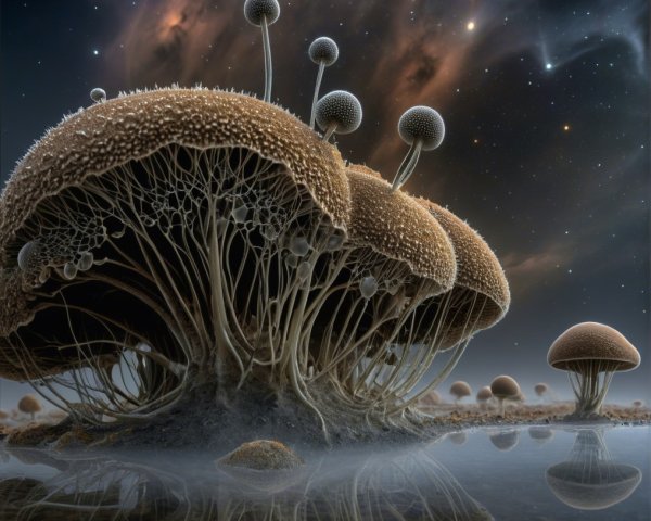 Fantastical Landscape with Intricate Mushrooms and Stars