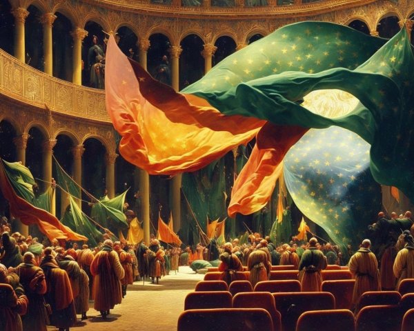 Grand Hall with Pillars and Vibrant Celebration Scene
