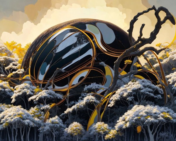 Surreal Landscape with Black Orb and Ethereal Trees
