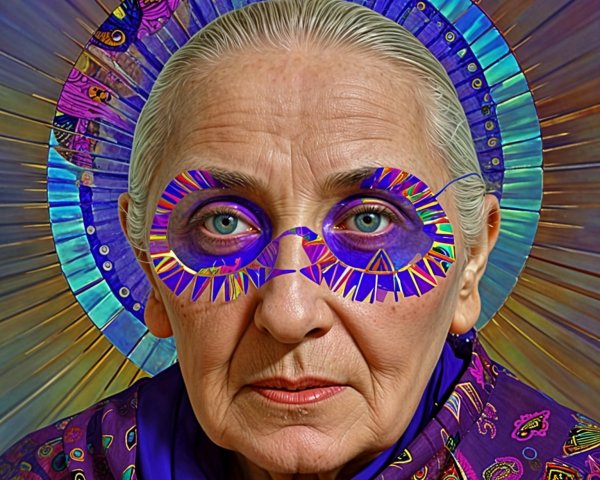 Elderly Woman in Purple Scarf with Colorful Glasses