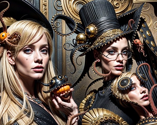 Elegant Figures with Whimsical Octopus Hats and Decor