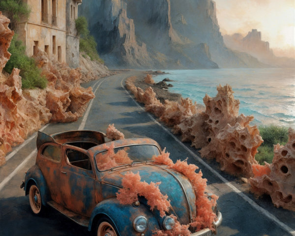 Abandoned Blue Car on Coastal Road with Cliffs