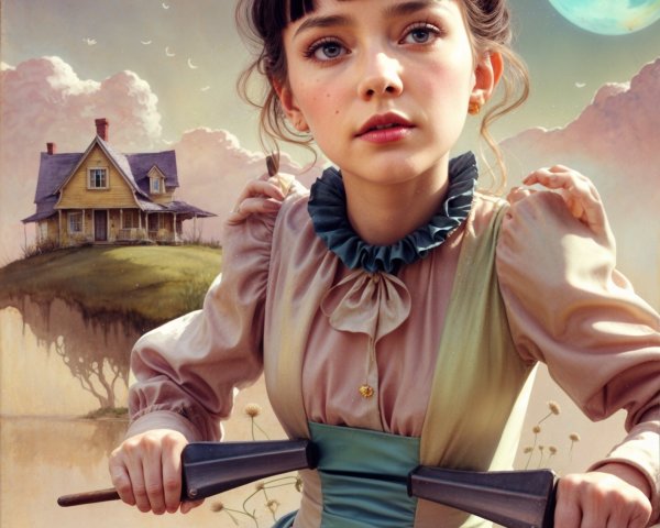 Young girl with vintage toy guns in surreal landscape
