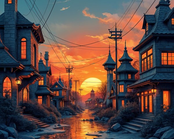 Charming Neighborhood at Sunset with Stone Houses