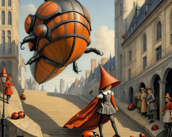 Surreal Scene with Character, Airship, and Robots