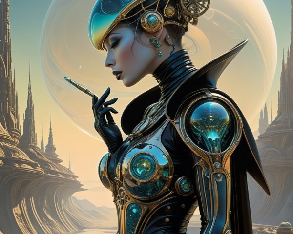 Futuristic Woman in Surreal Landscape with Structures