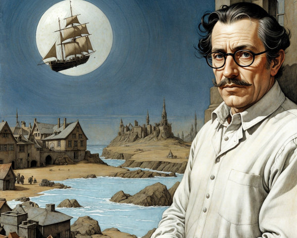 Contemplative Man in Fantastical Coastal Landscape