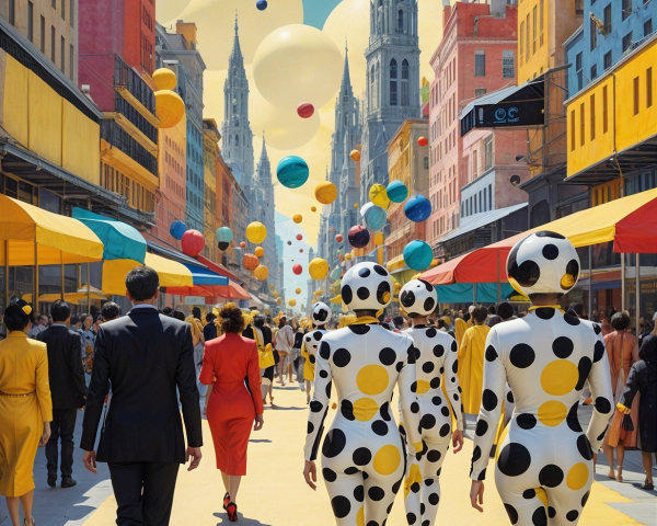 Vibrant Street Scene with Polka-Dotted Outfits and Balloons