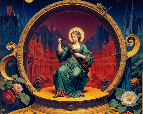 Elegant Figure with Flute in Ornate Frame and Moon