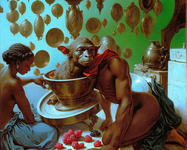 Surreal Artwork of Humanoid Monkey and Berry Preparation