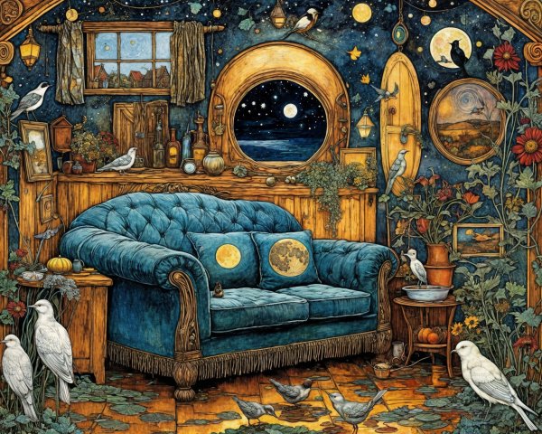 Cozy Room with Blue Sofa and Starry Night View