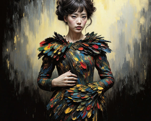 Woman in Colorful Feather Dress with Soft Curls