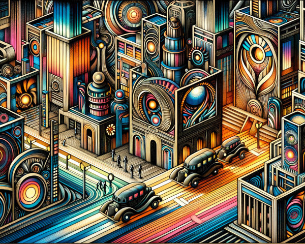 Surreal Cityscape with Bold Geometric Buildings