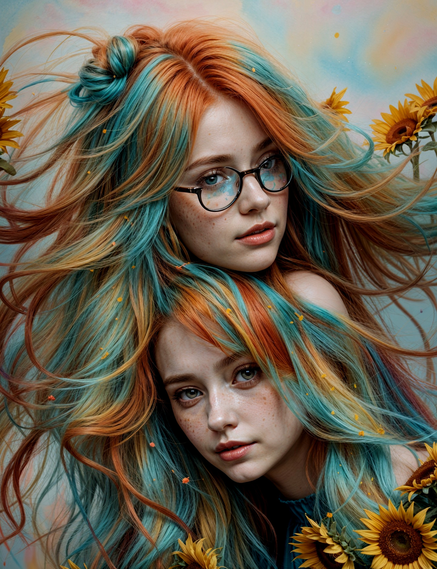 Artistic figures with vibrant hair and sunflowers