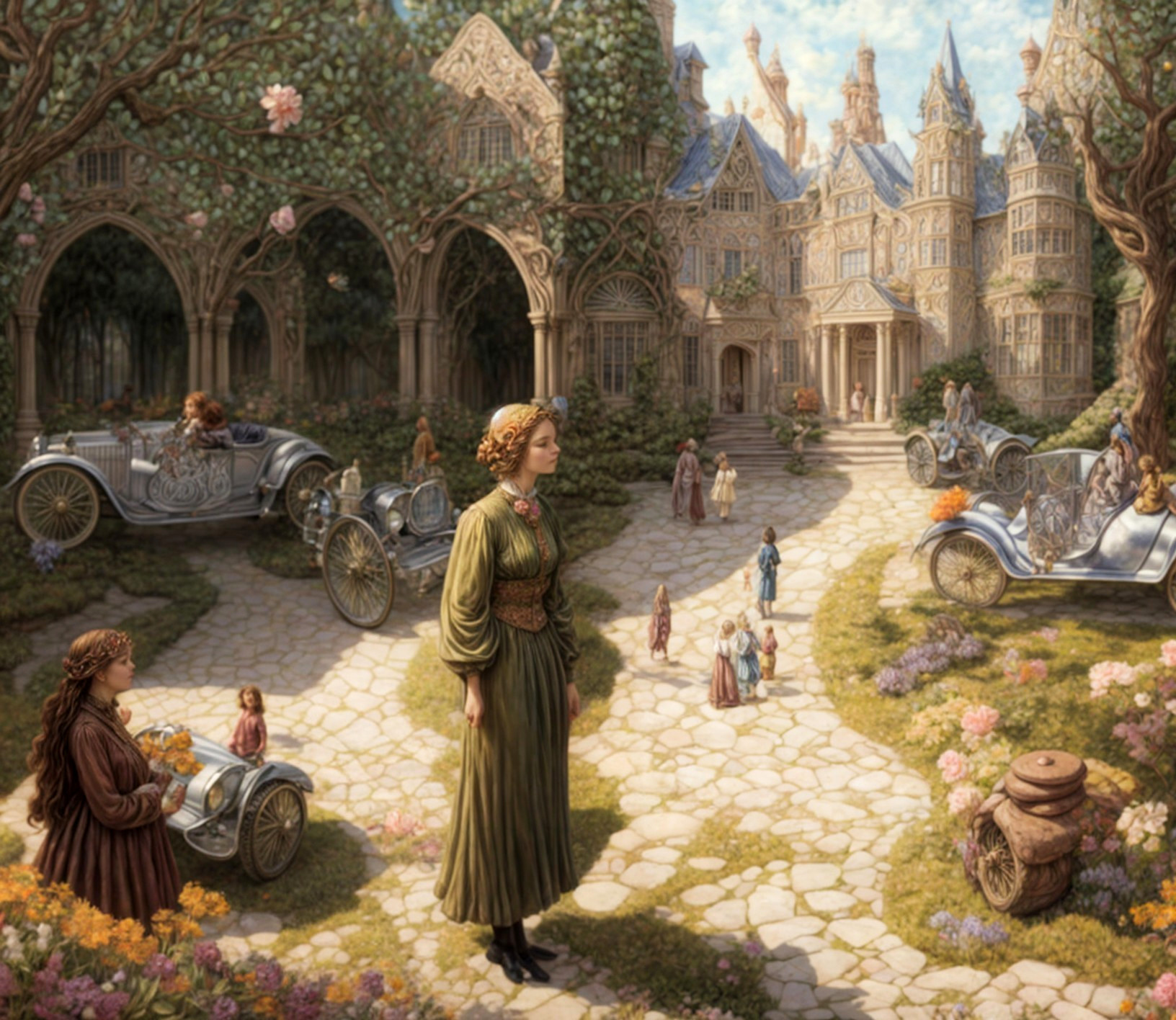 Woman in Green Dress in Enchanting Garden Scene