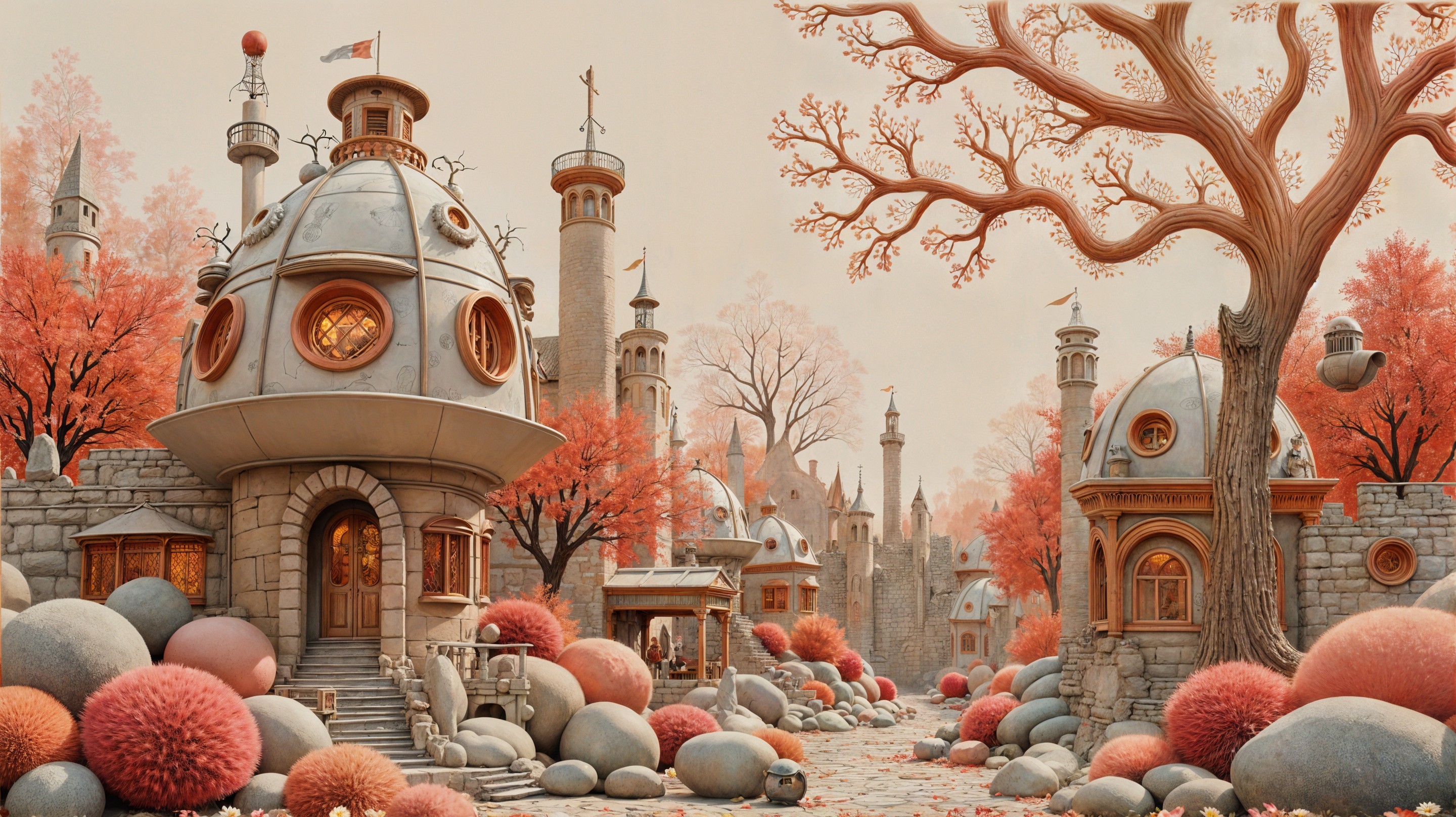 Whimsical Autumn Landscape with Colorful Buildings