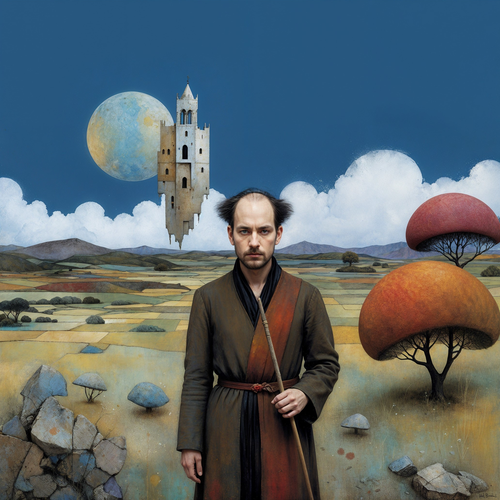 Lone Figure in Surreal Landscape with Whimsical Elements