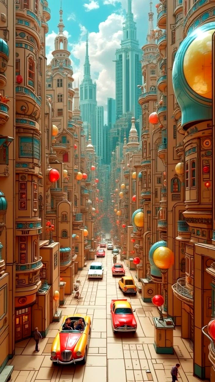 Futuristic Cityscape with Colorful Buildings and Orbs