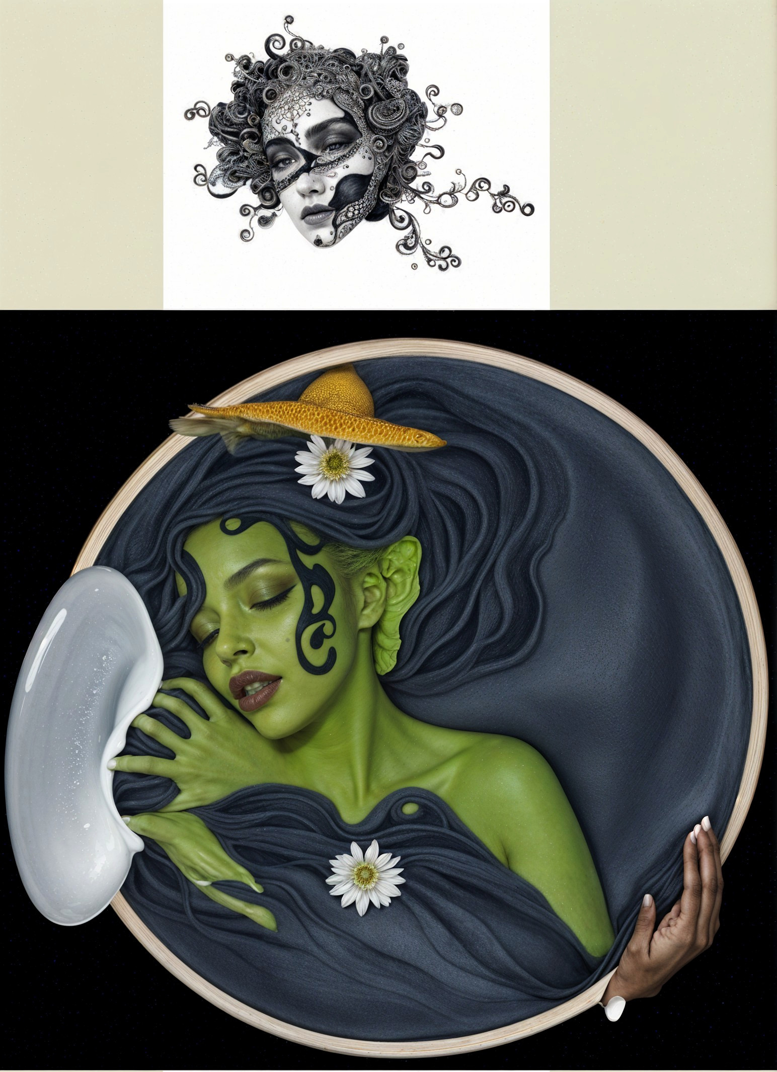 Abstract Mask and Green-Skinned Figure Composition