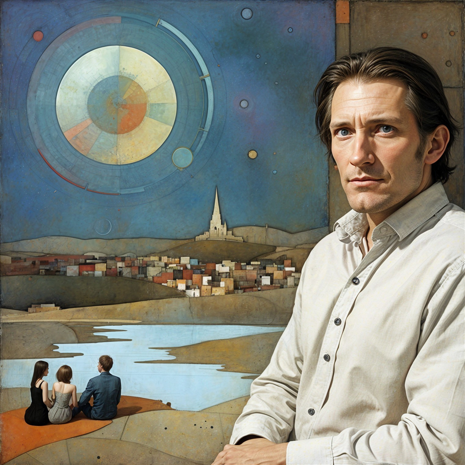 Thoughtful Man Overlooks Lake with Abstract Sky Elements