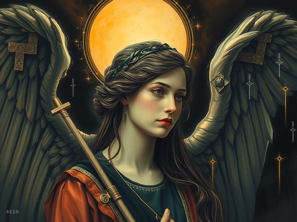 Serene angelic figure with intricate wings and moon