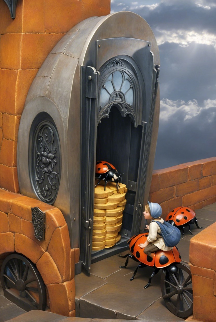 Child with Backpack Beside Ornate Door and Ladybugs