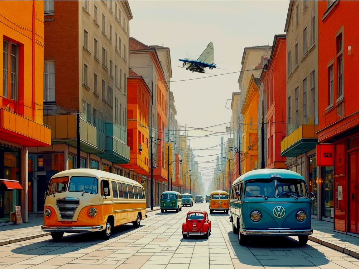 Vibrant City Street with Classic Vehicles and Warm Colors