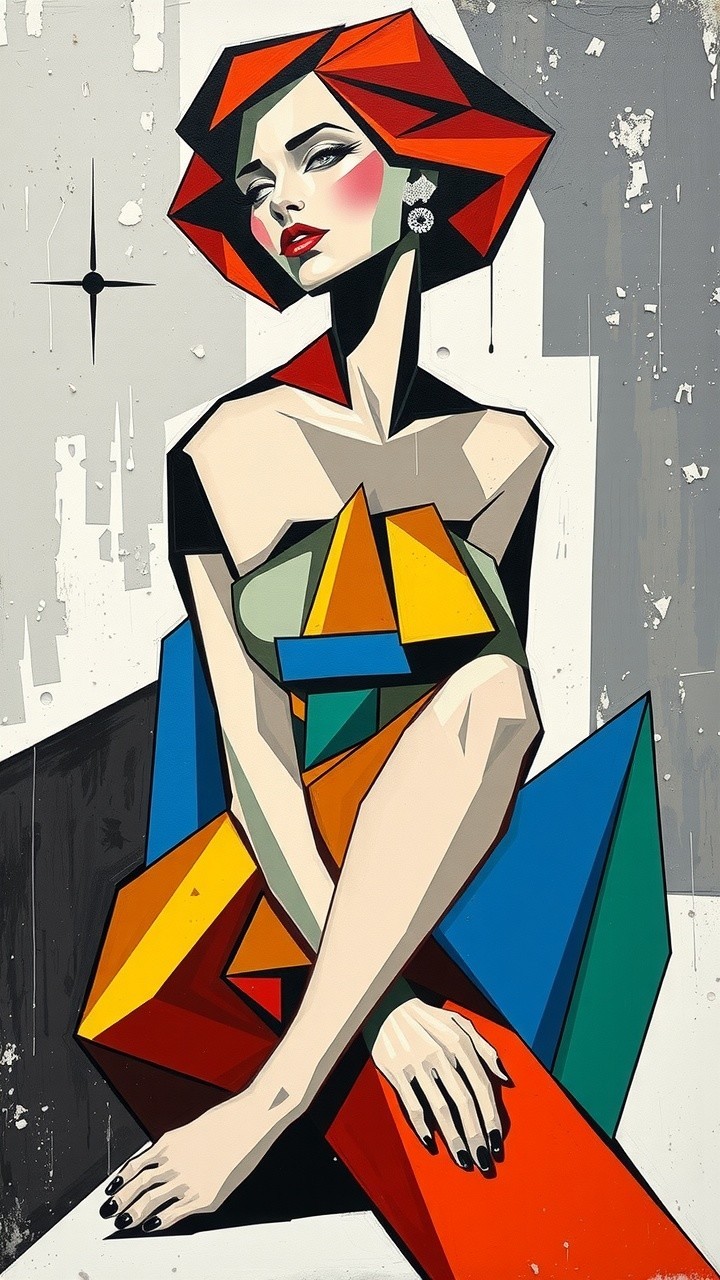 Stylized Woman in Bold Geometric Shapes and Colors