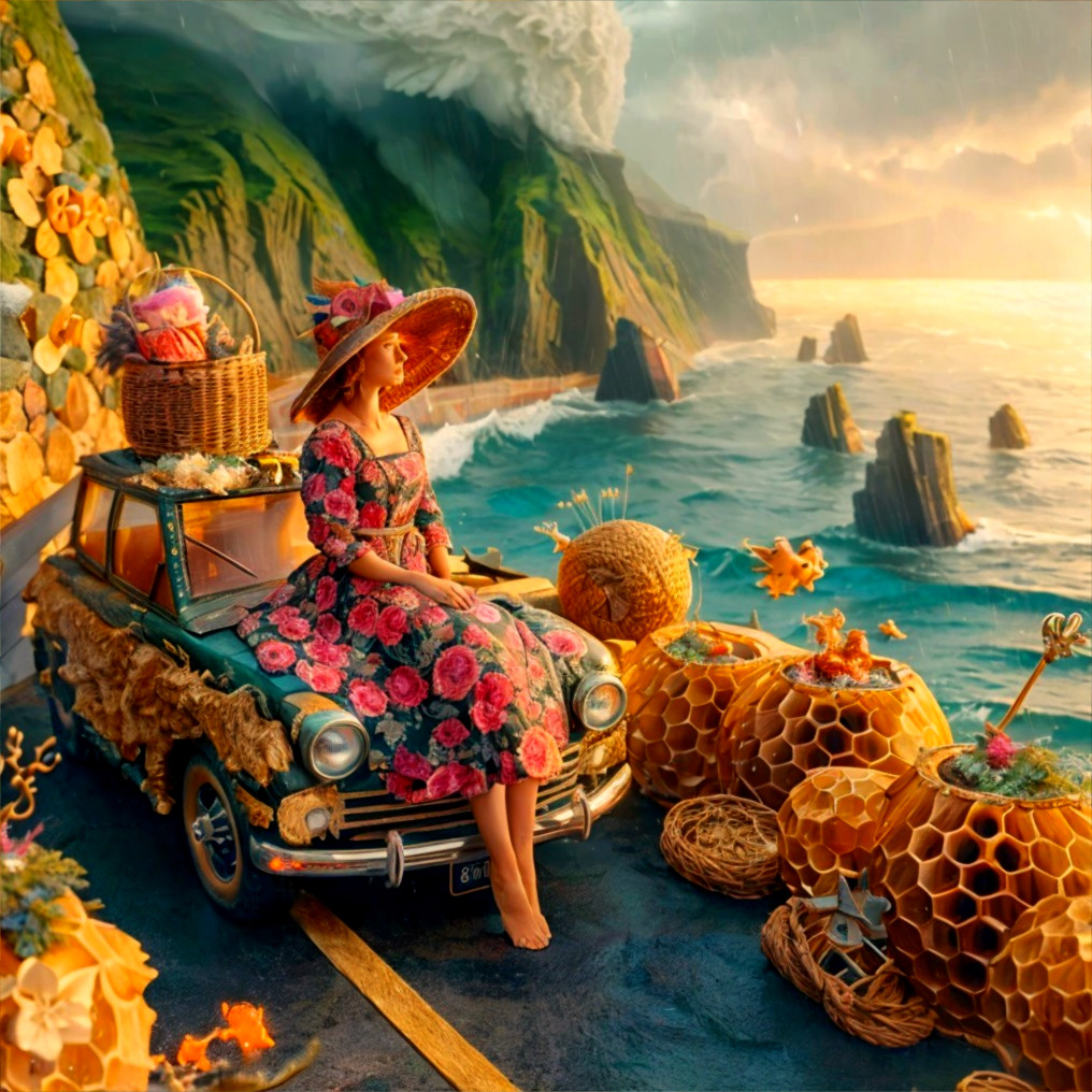 Whimsical Coastal Scene with Floral Dress and Vintage Car