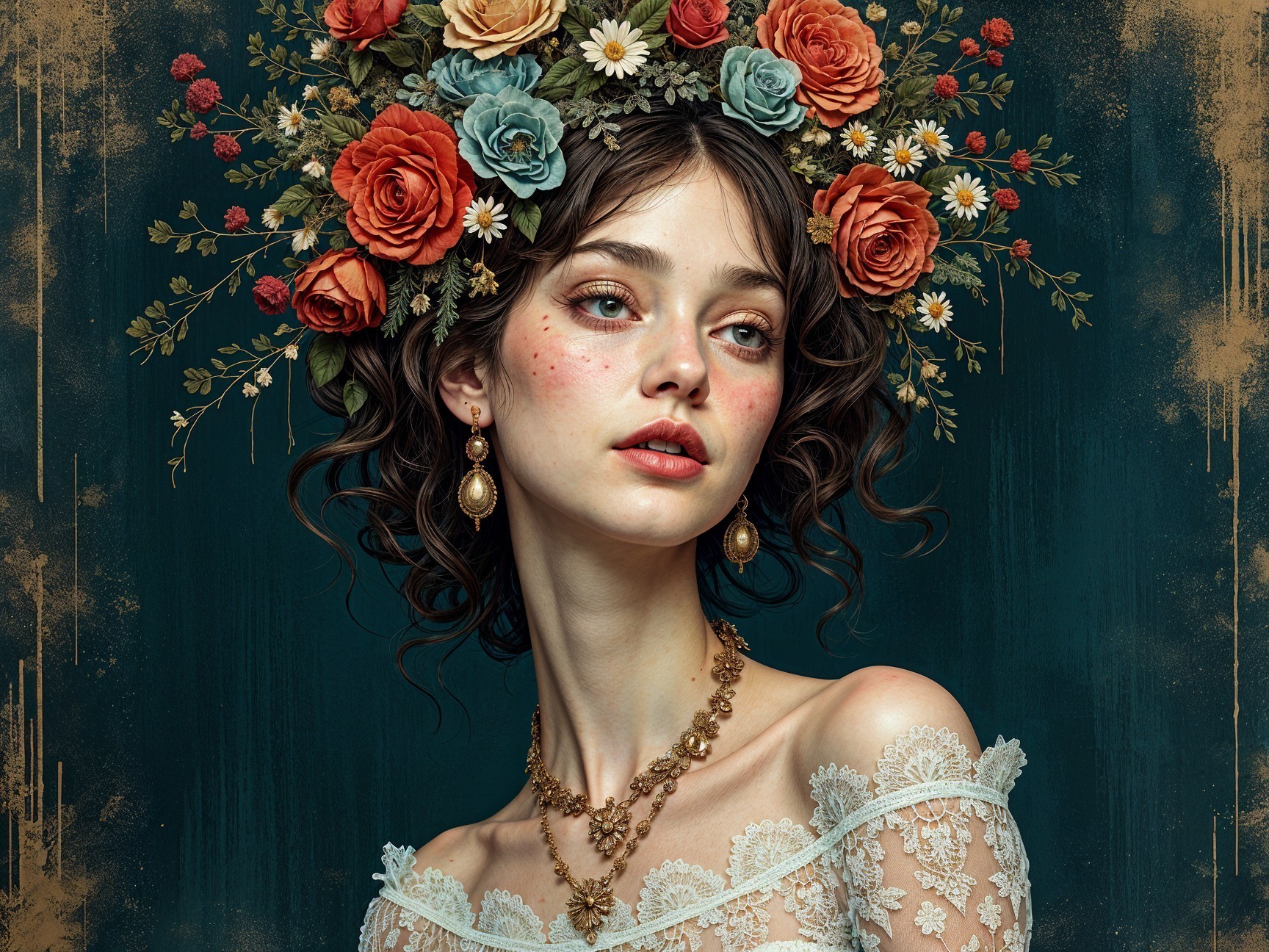 Young Woman in Lace Gown with Floral Crown and Jewelry