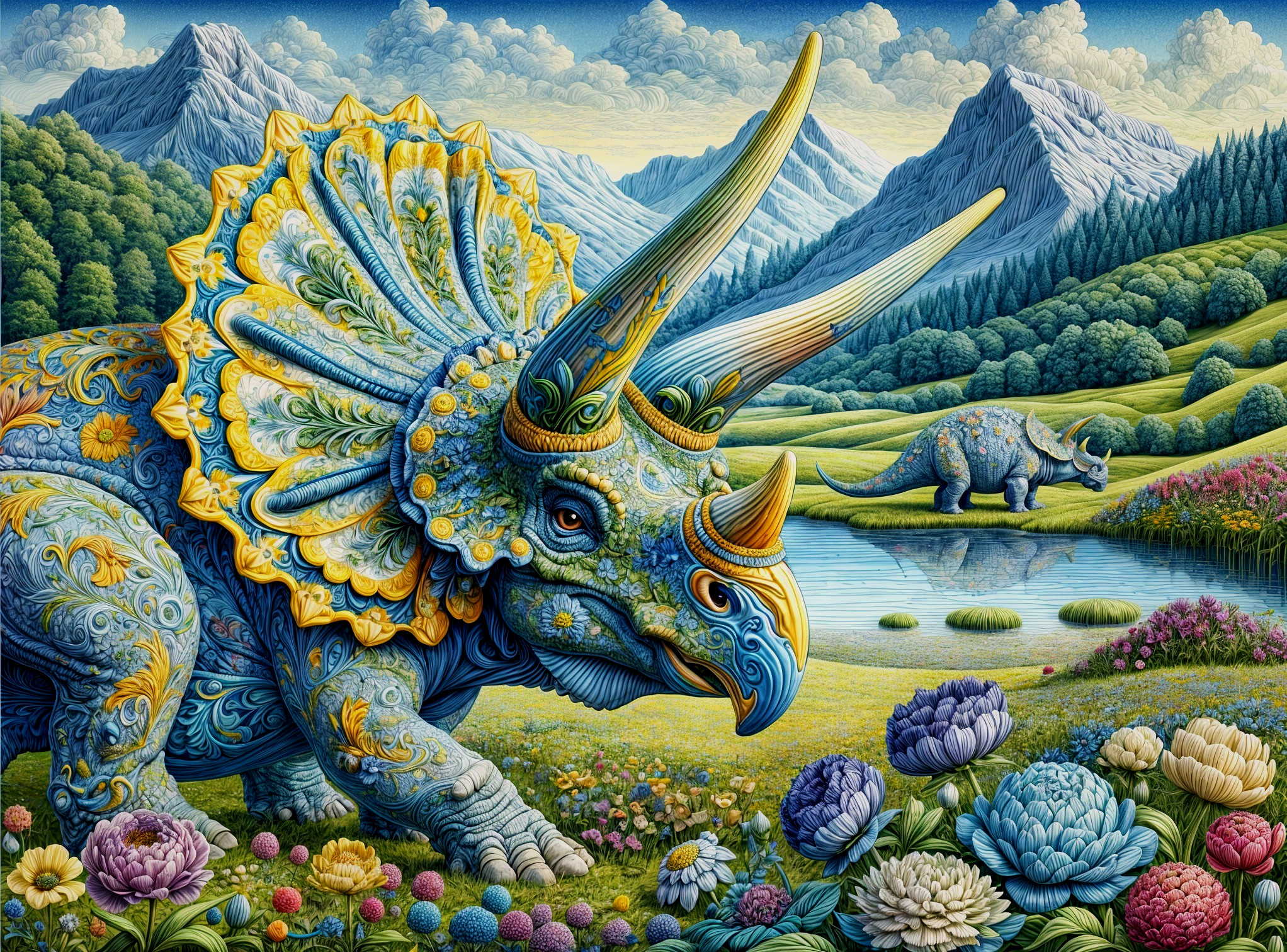 Triceratops with Floral Patterns by Tranquil Pond