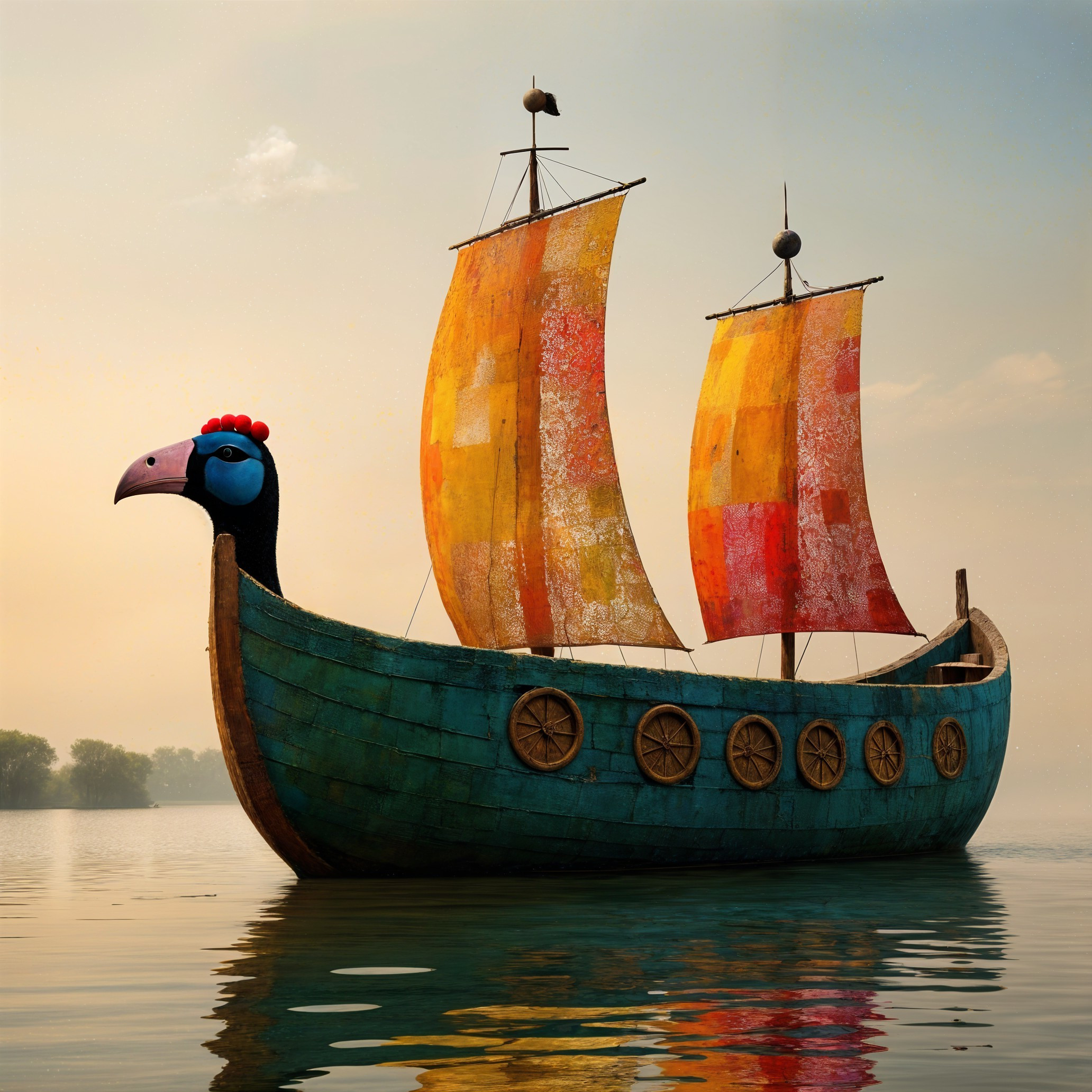 Whimsical Peacock Ship on Calm Waters with Vibrant Sails