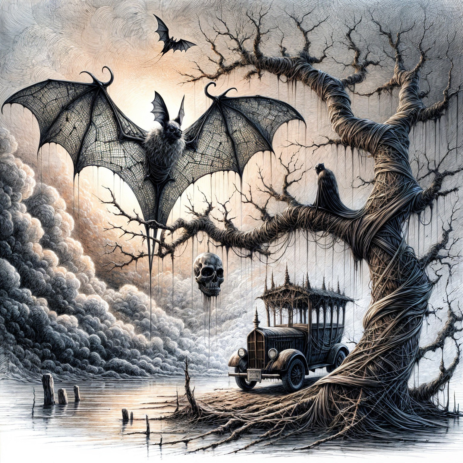 Dark Whimsical Scene with Bat, Tree, and Vintage Car